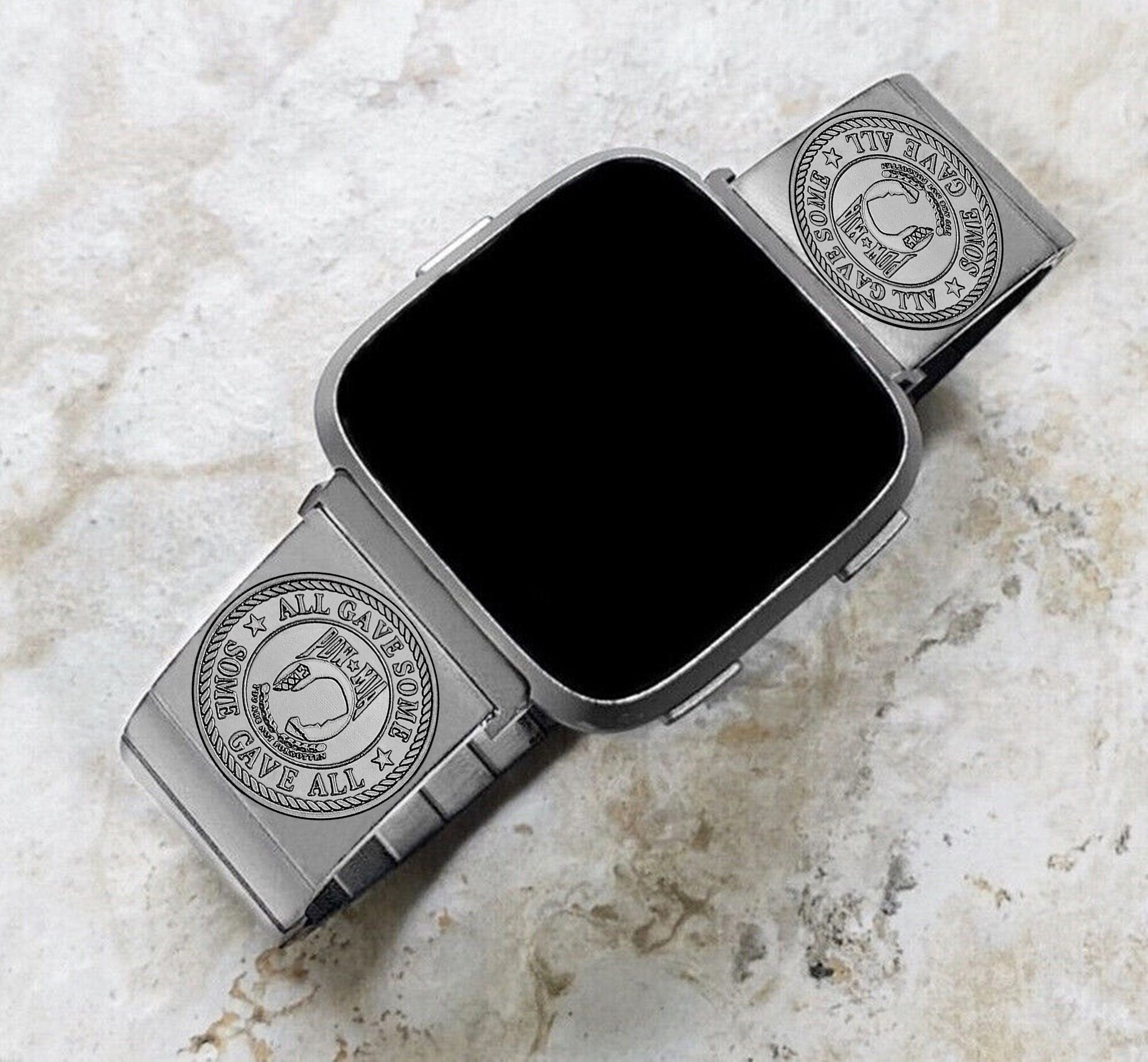 POW MIA Engraved Watch Band Compatible with Fitbit Versa Lite 2 3 4 and Sense 1 2 Smartwatches Silver Stainless Steel Bracelet Strap PM1